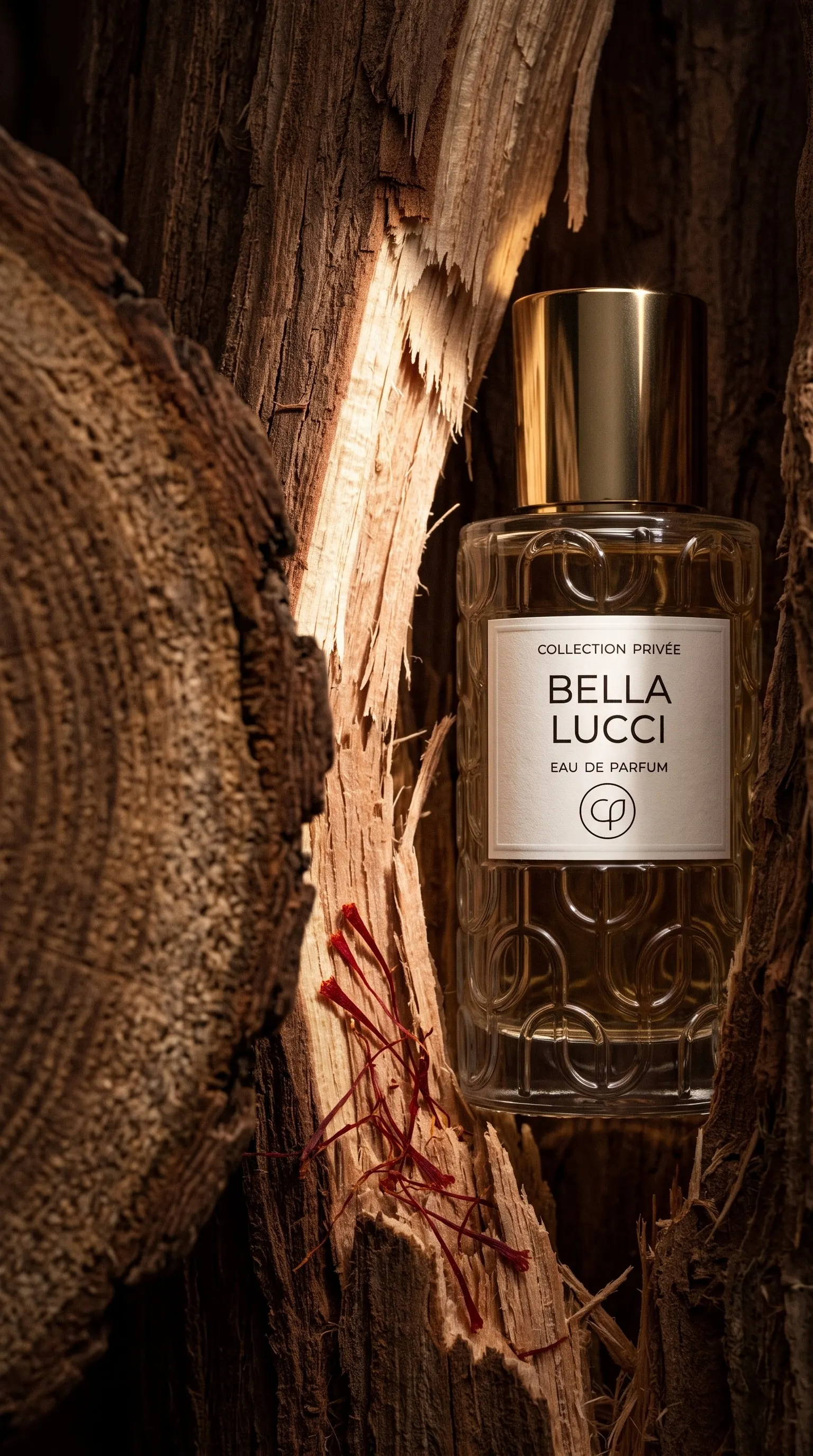 Bella Lucci, a golden bottle nestled in sculptural wood