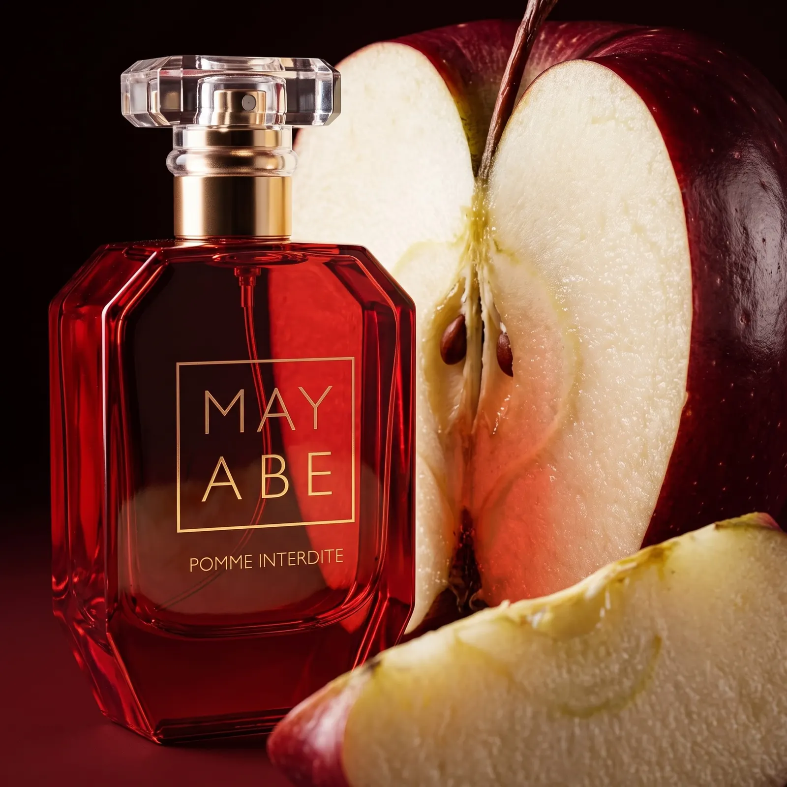 Pomme Interdite beside a freshly cut apple